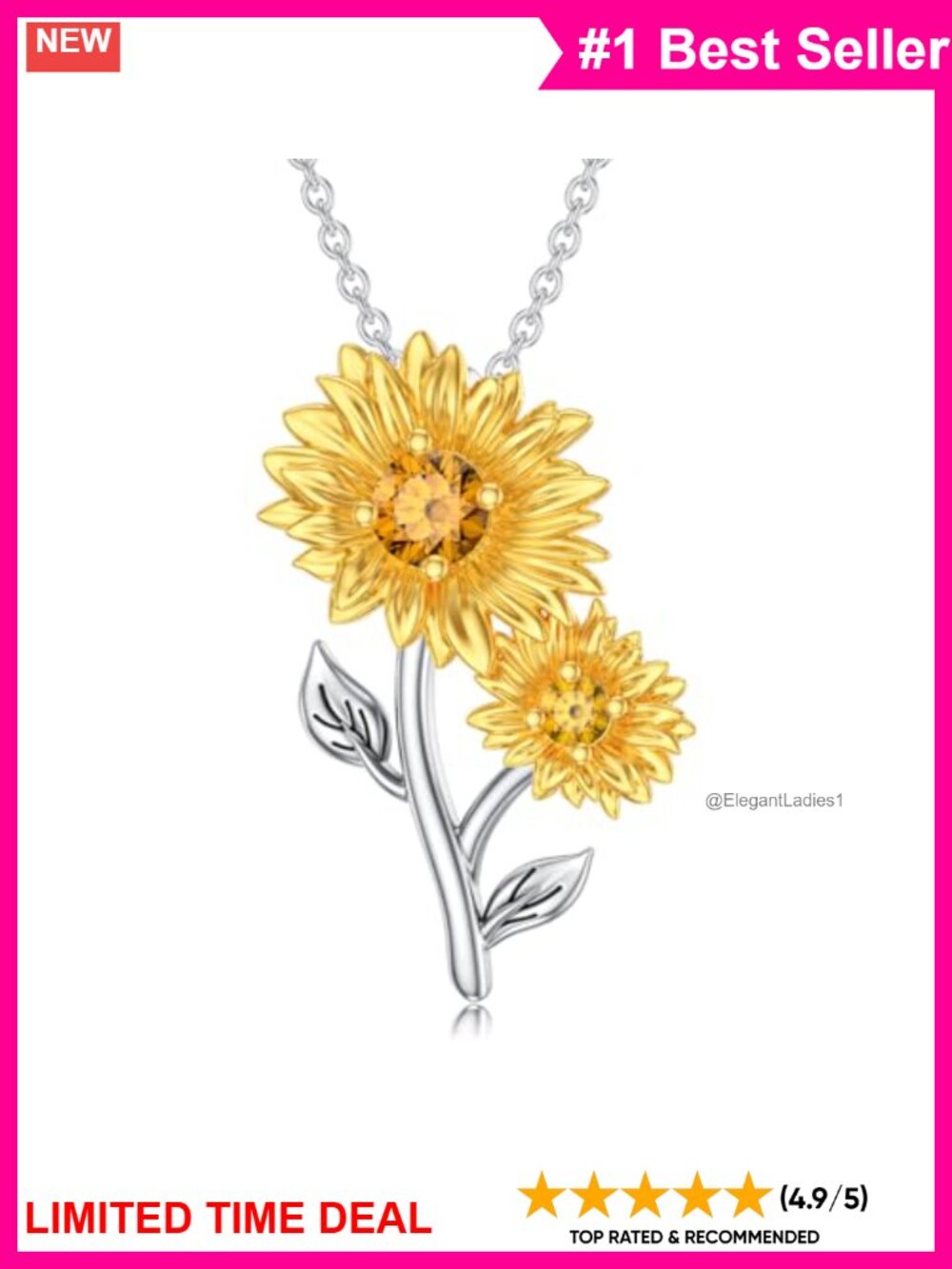 Sterling Silver Sunflower Pendant Necklace Citrine 18" Adjustable Chain